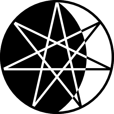 A drawing of a black circle with a seven pointed star inscribed. Most of the background is black with the right portion white, forming a crescent moon. The lines forming the star are white over the black background and black over the white portion.